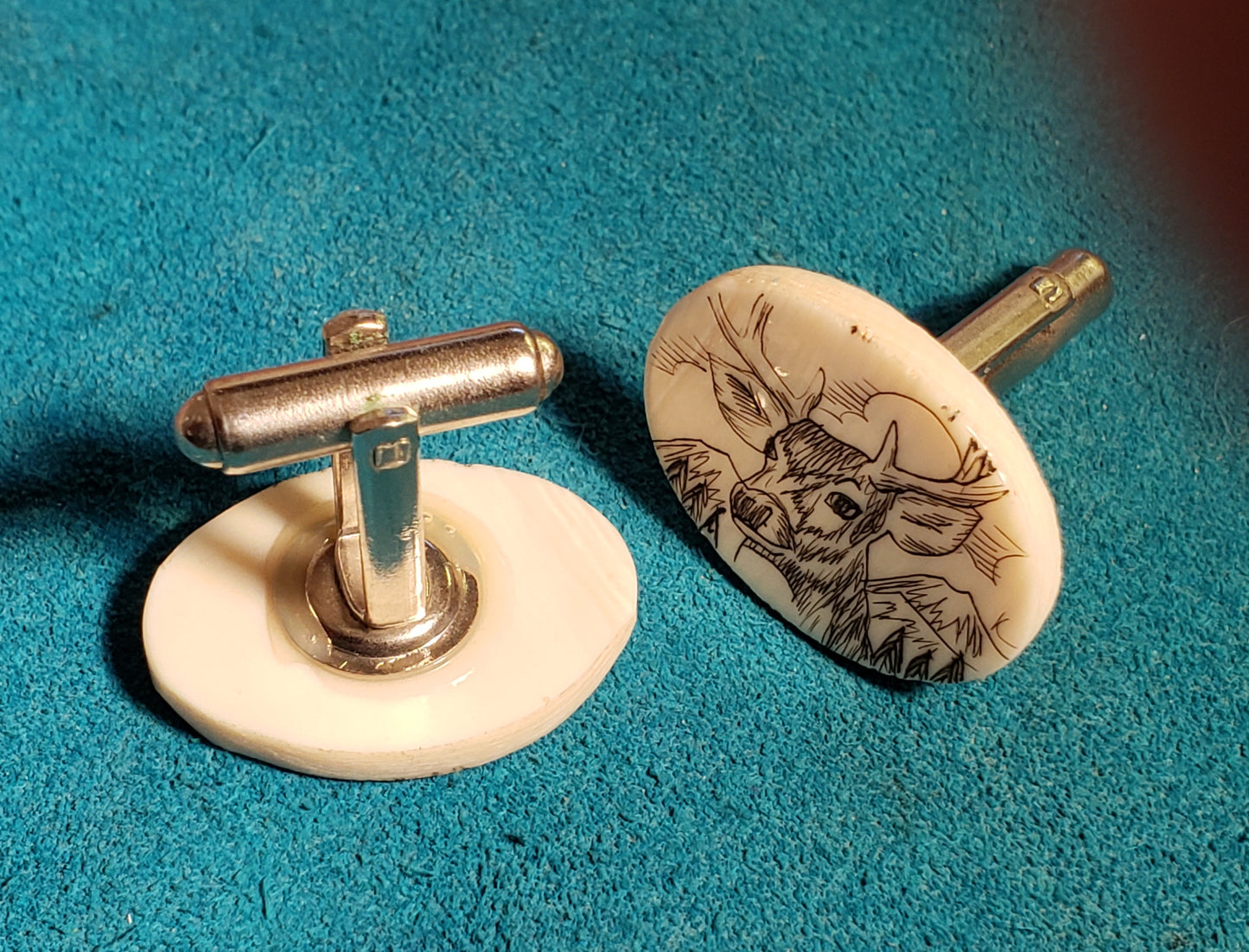 Fossil Walrus Ivory Scrimshawed Deer Cufflinks