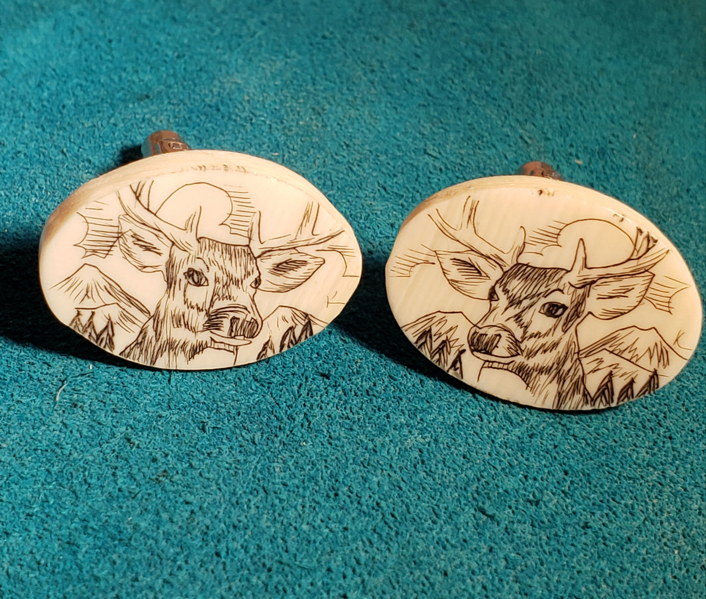 Fossil Walrus Ivory Scrimshawed Deer Cufflinks