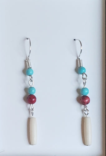 2mm Fossil Mammoth Ivory, Turquoise and Jasper Bead Earrings. the Fossil Mammoth Ivory is from Alaska and is about 10,000 years old.  Set on Stainless Steel Earwires.