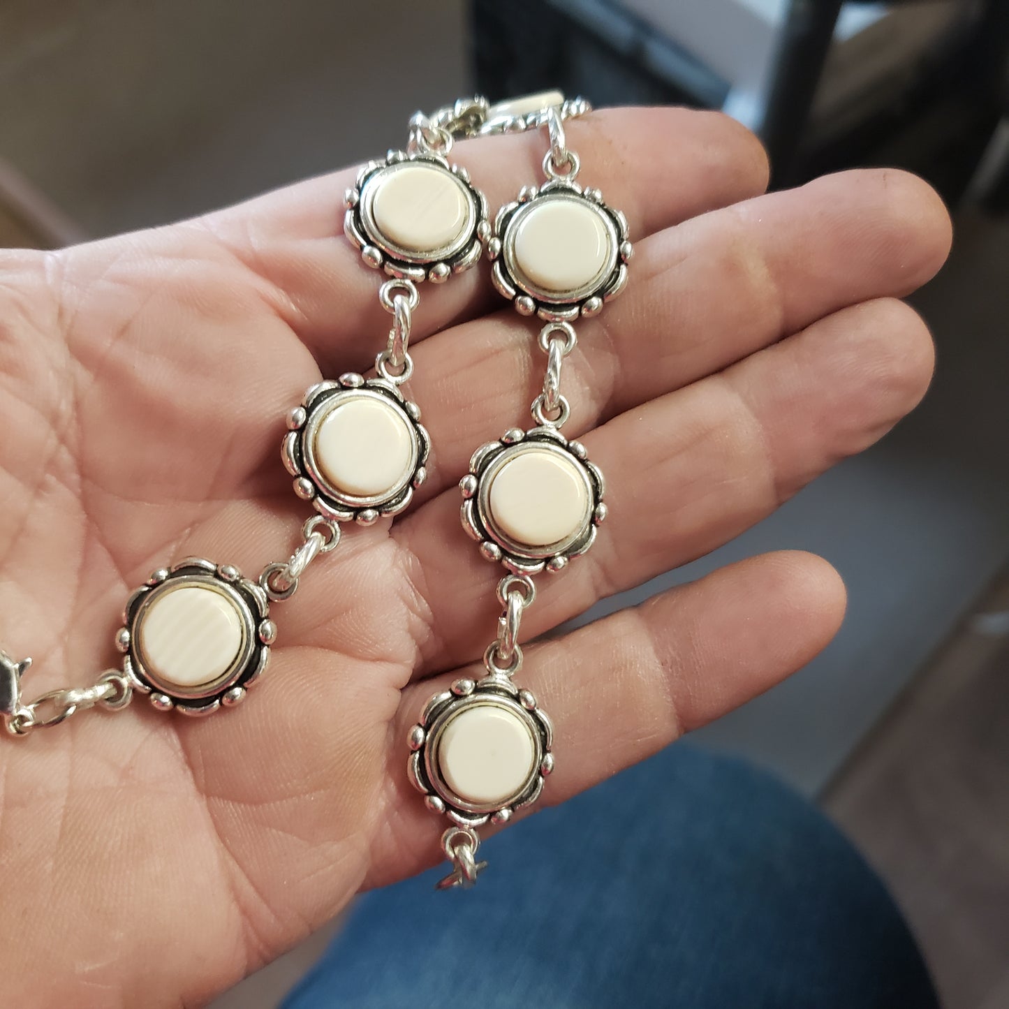 The ivory in this bracelet is Fossil Mammoth Ivory found in Alaska. It is currently at 9" in length but could be shortened to 7 or 8" in length.&nbsp;  Bracelet 150$  Earrings 45$ to match.