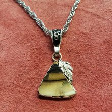 Load image into Gallery viewer, This 35,000 year old Fossil Mammoth Ivory&nbsp; necklace is made from Ivory found in Alaska. It is set with a hand crafted Sterling Silver and highlighted with handcrafted Sterling Silver feather. A first for me.

This piece is hung on a stainless steel 18&quot; chain.
