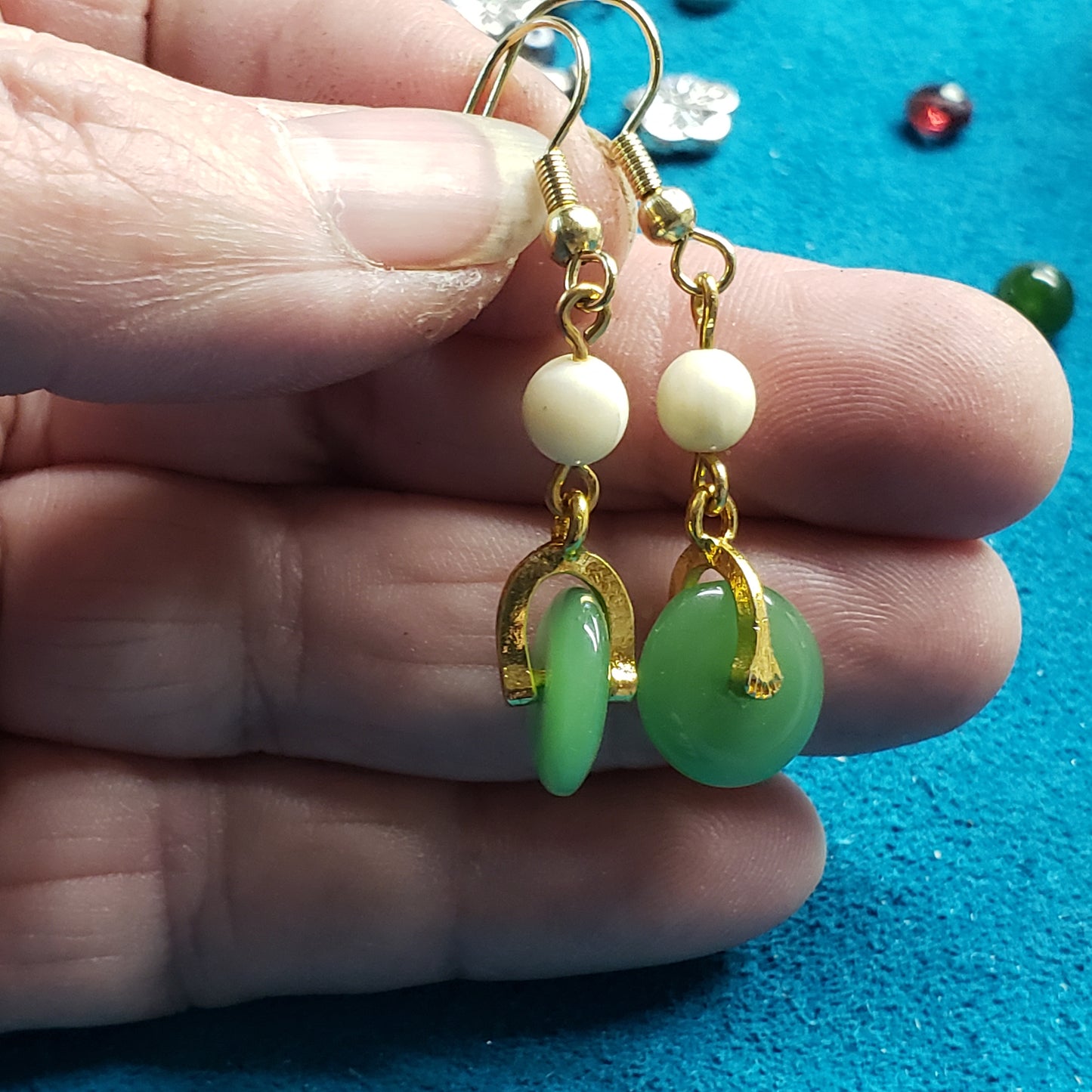 Jade and Fossil Mammoth Ivory Disk Earrings