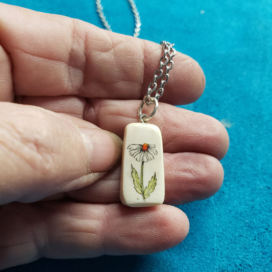 Scrimshawed Daisy Mammoth Ivory Necklace