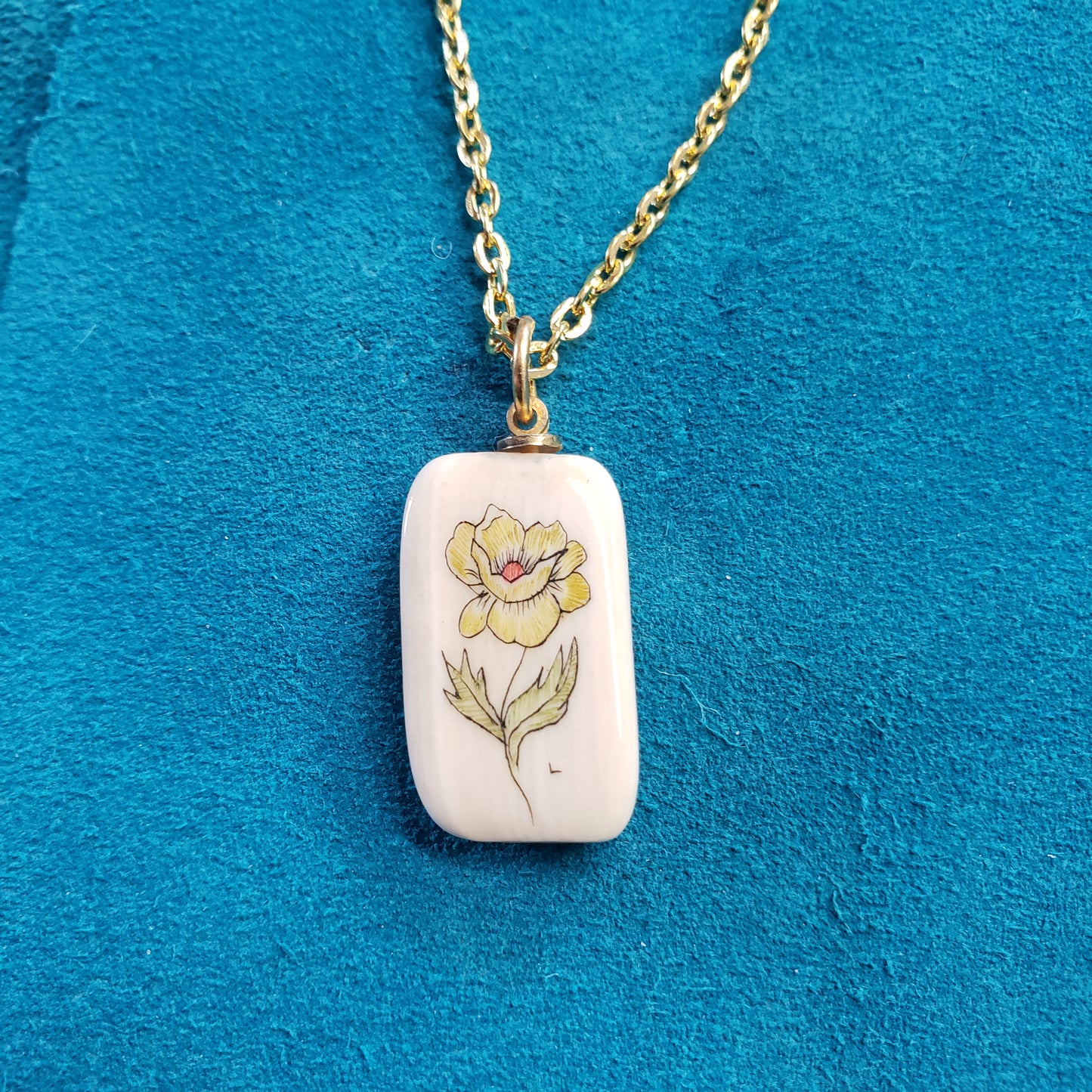 Scrimshawed  Mammoth Ivory Yellow Rose Necklace