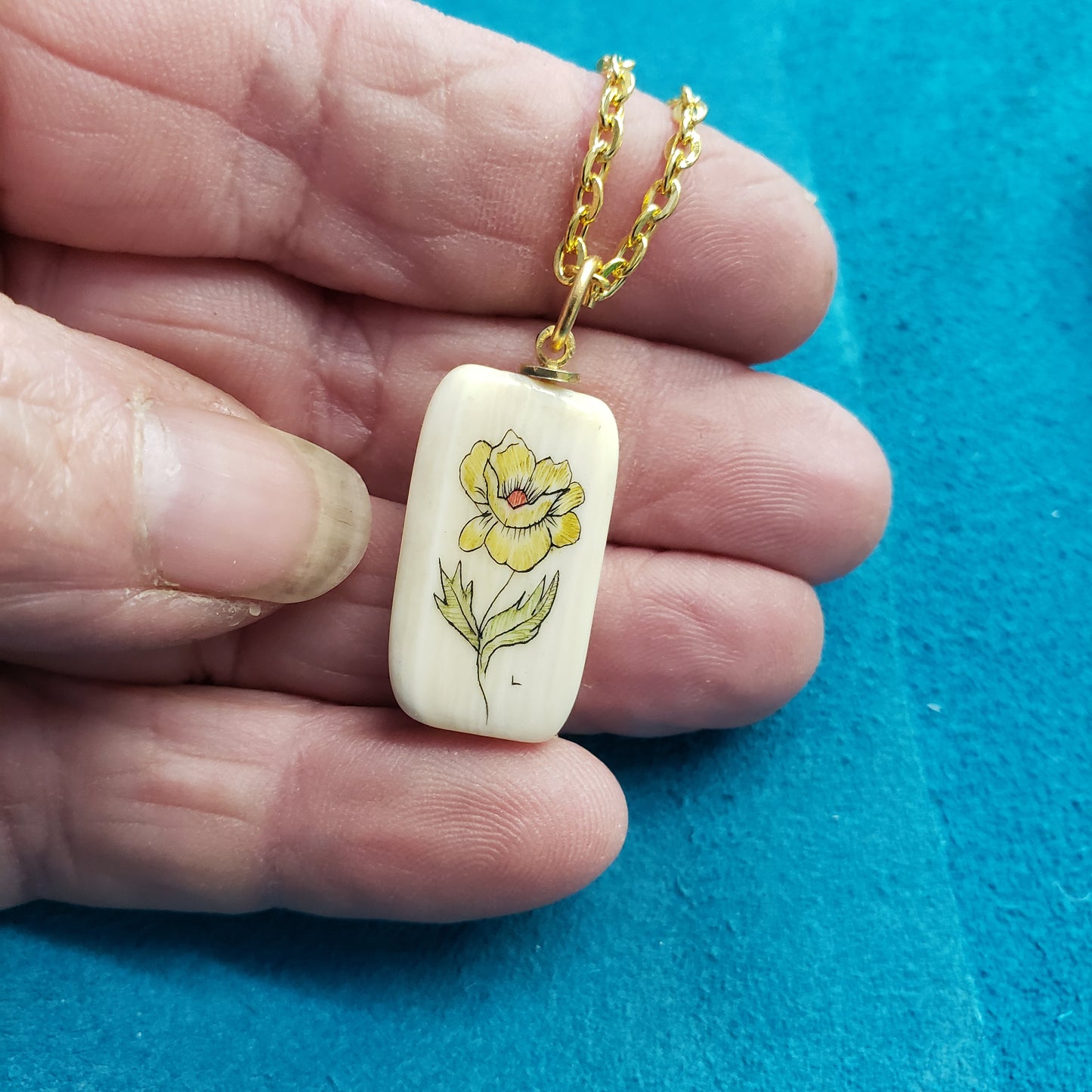 Scrimshawed  Mammoth Ivory Yellow Rose Necklace