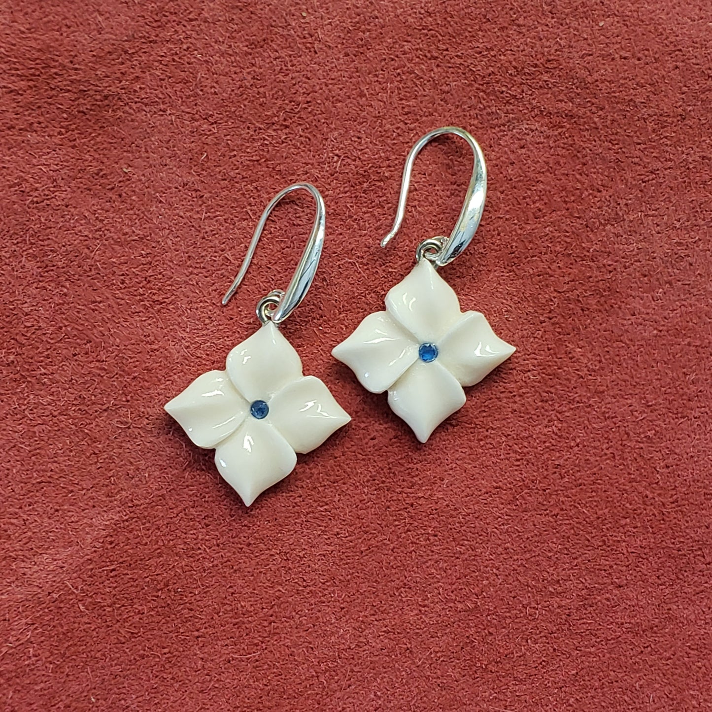 Montana Sapphire and Handcarved Bone Flower Earrings