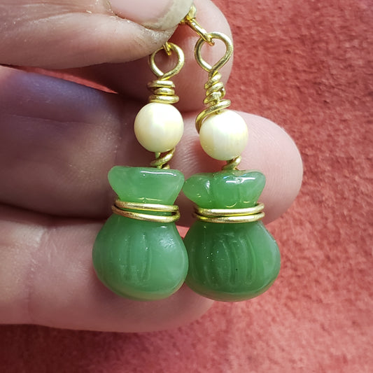 Jade and Fossil Mammoth Ivory Bead Earrings